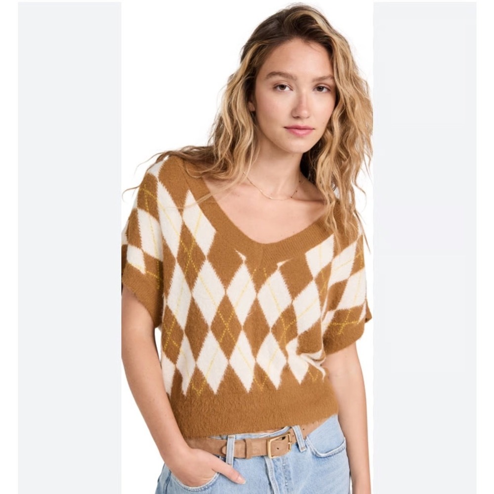 Free People Sweater Vest Women's Through the Motion Argyle Boxy Tan Cream Medium